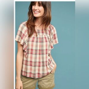 Anthropologie Maeve Priscilla Plaid Flutter Sleeve Top Womens SIze XS